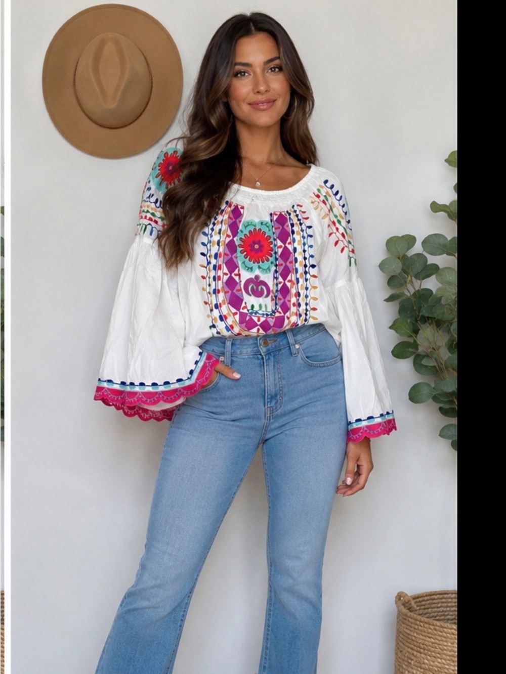 🌺Boho Handmade White Cotton Embroidered Top Sz S/M Quarter Flutter Bell Sleeve - Picture 9 of 10